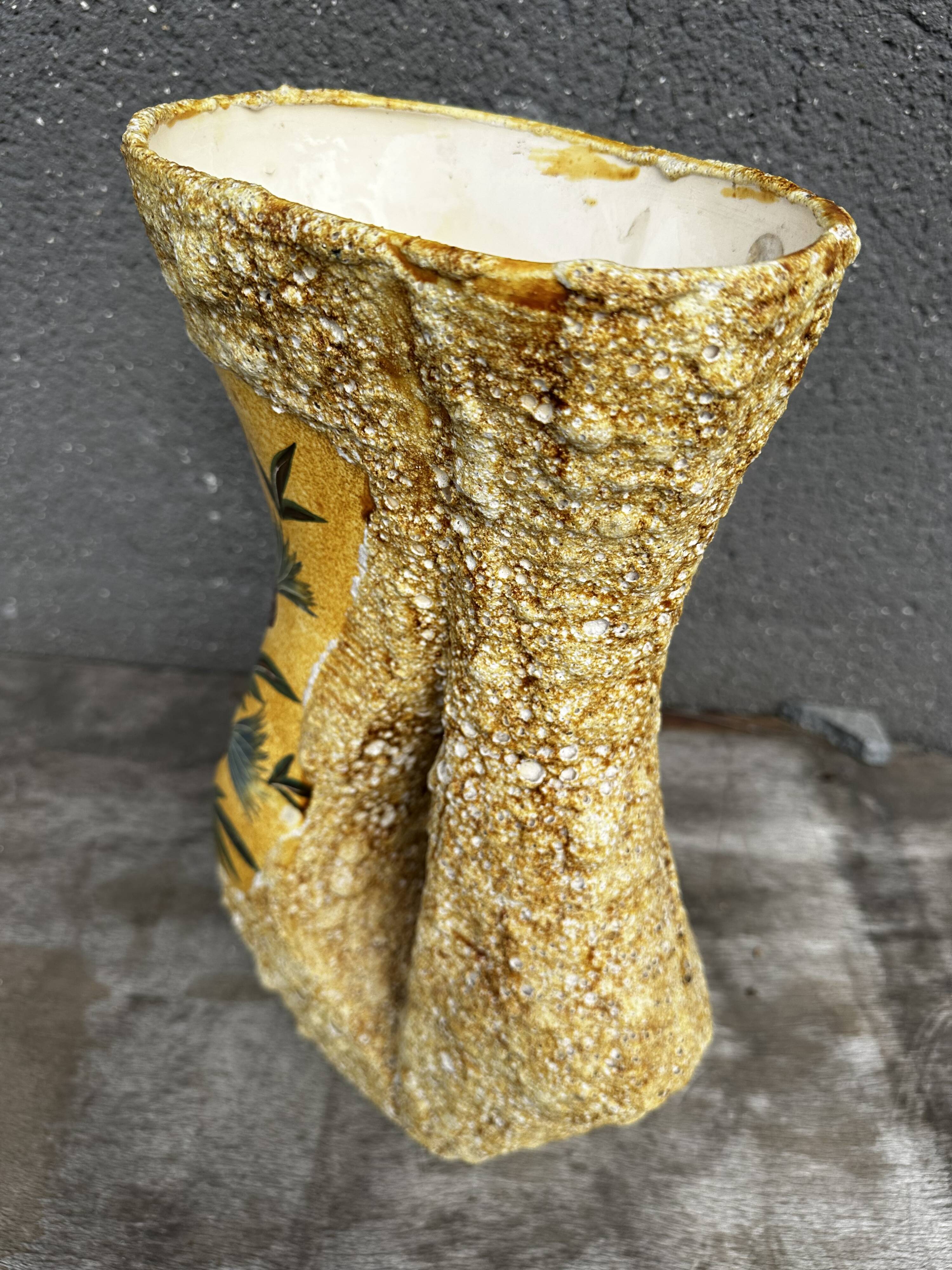 Large Glazed Ceramic Vase with Floral and Fat Lava Decor - Vallauris