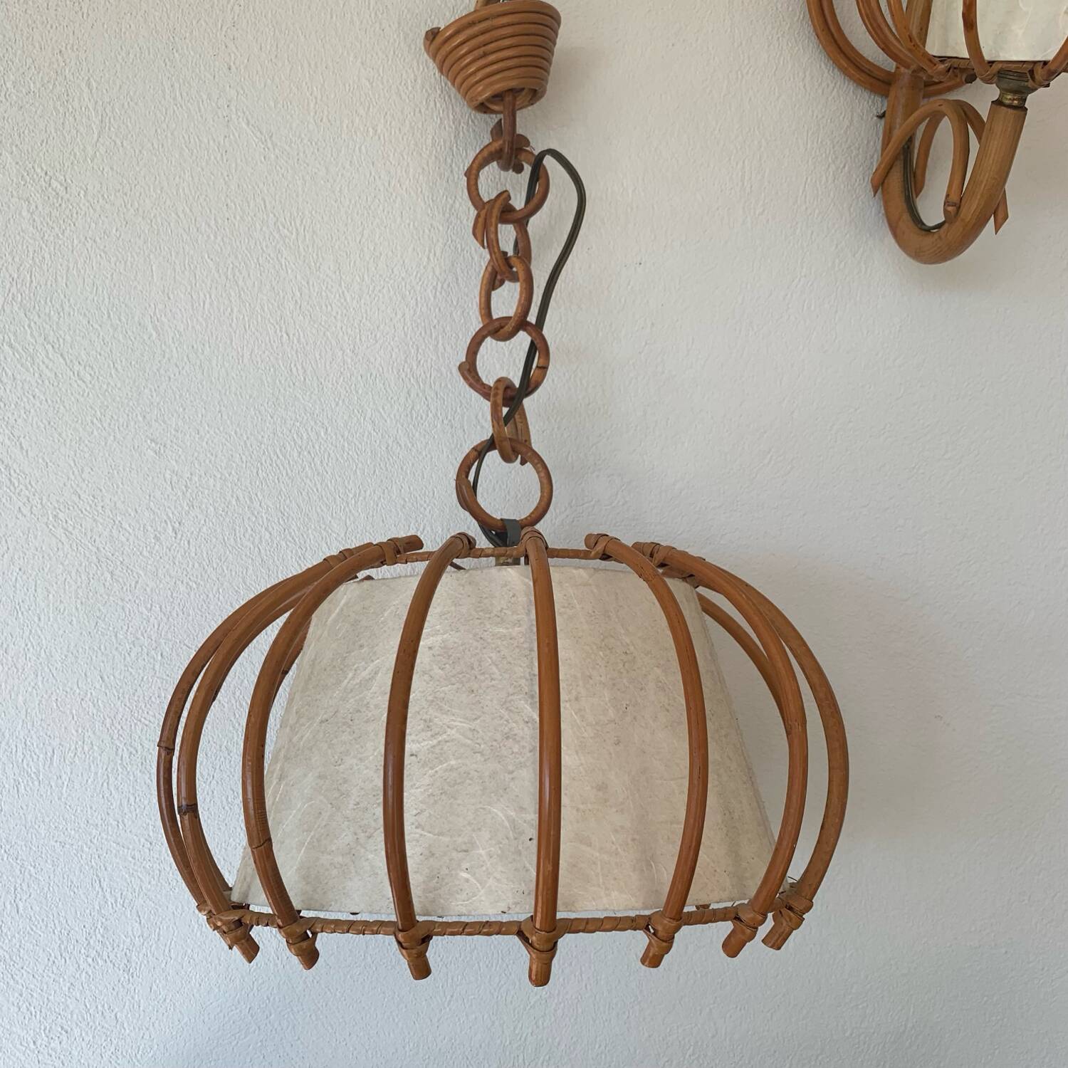 ▪️Lot Suspension And Wall Lamp Wicker Louis Sognot 50-60's Bohemian Chic Vintage