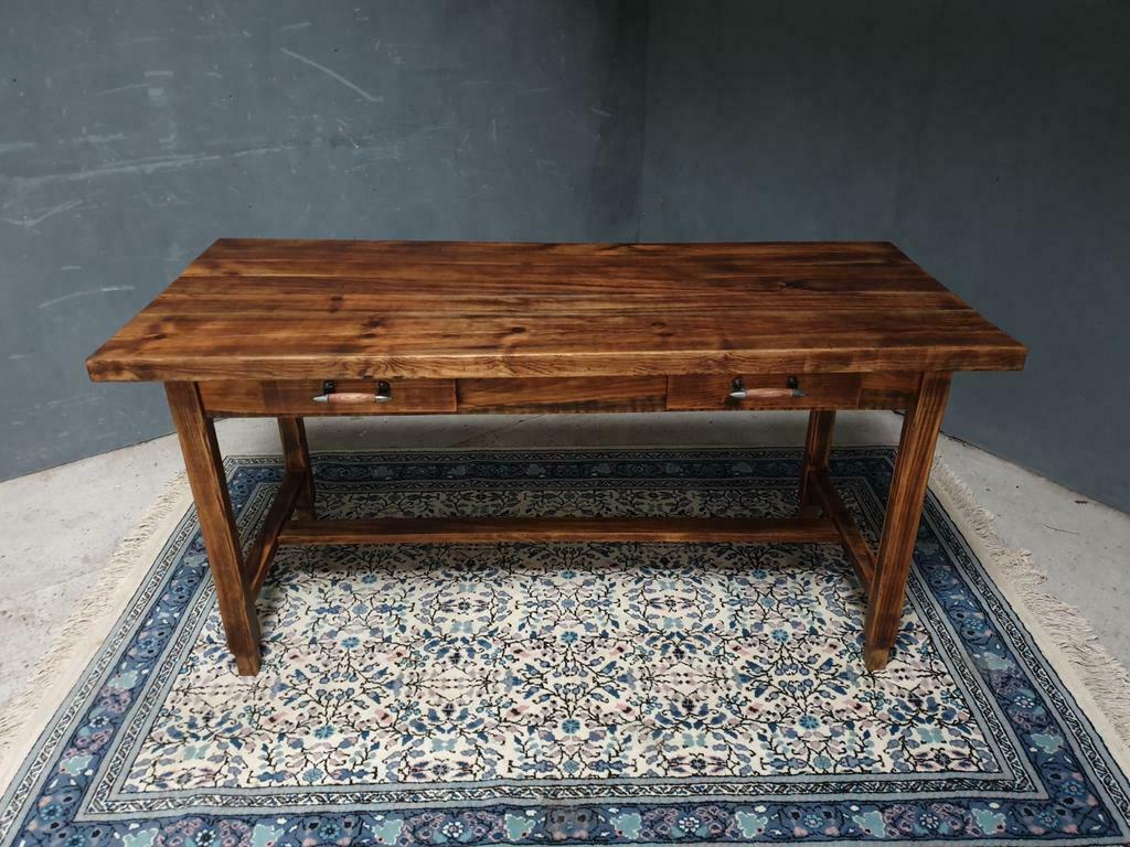 Old pine dining table with drawers