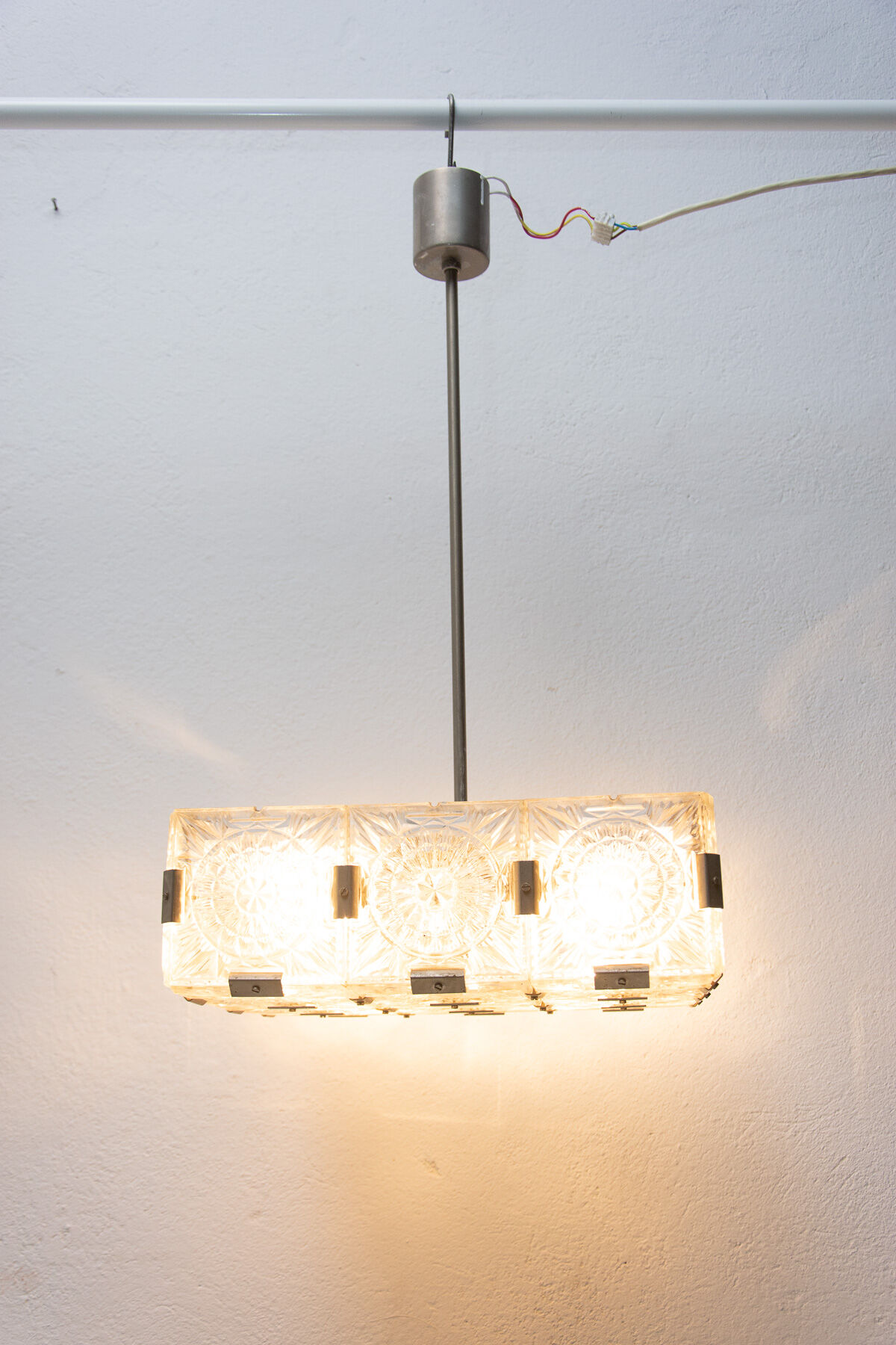 Vintage Glass and Chromed Steel Pendant Lamp by Kamenický Šenov, 1970s