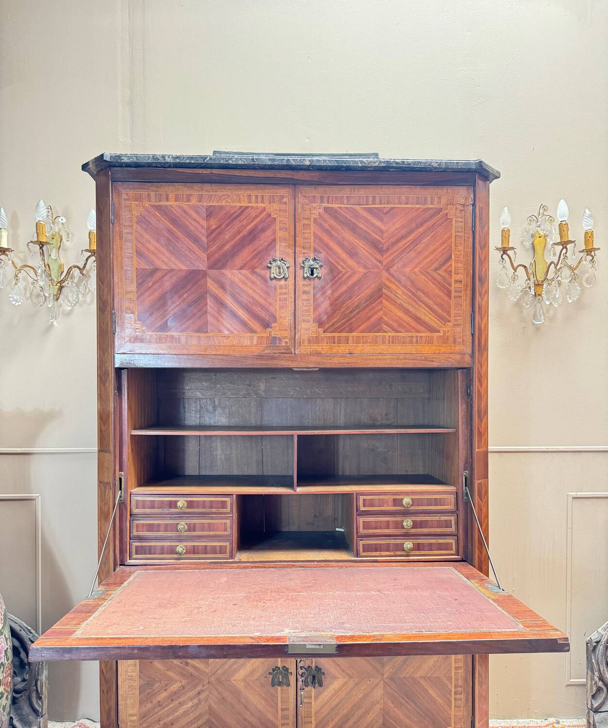 Bayer françois secretary with guillotine in louis x period marquetry