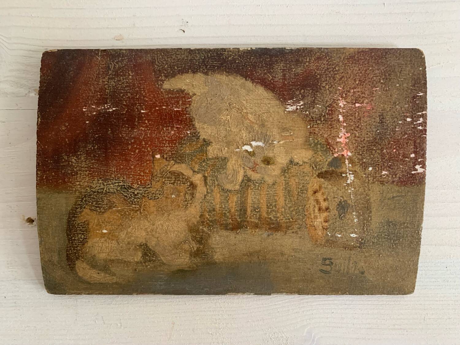 Small old signed painting, scene of cats, oil on panel, 1900