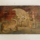 Petit tableau ancien signé, scène de chats, huile sur panneau, 1900