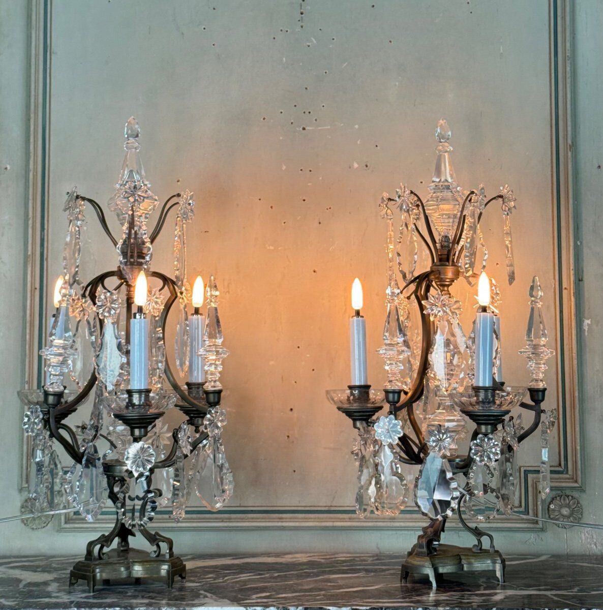 Pair of bronze and cut crystal girandoles circa 1900