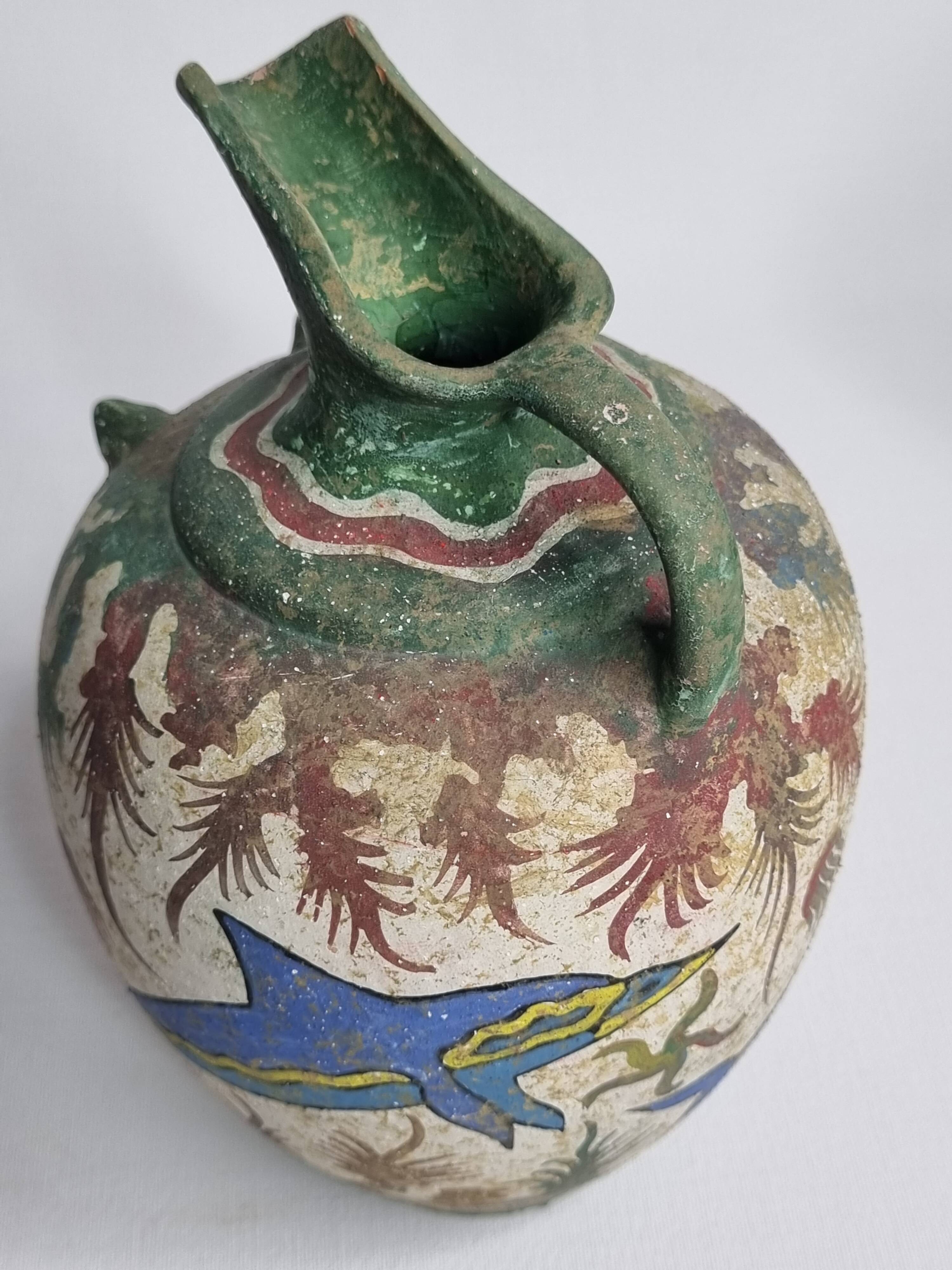 Ceramic vase, Ancient Cretan style, marine decoration with dolphins, 17 cm