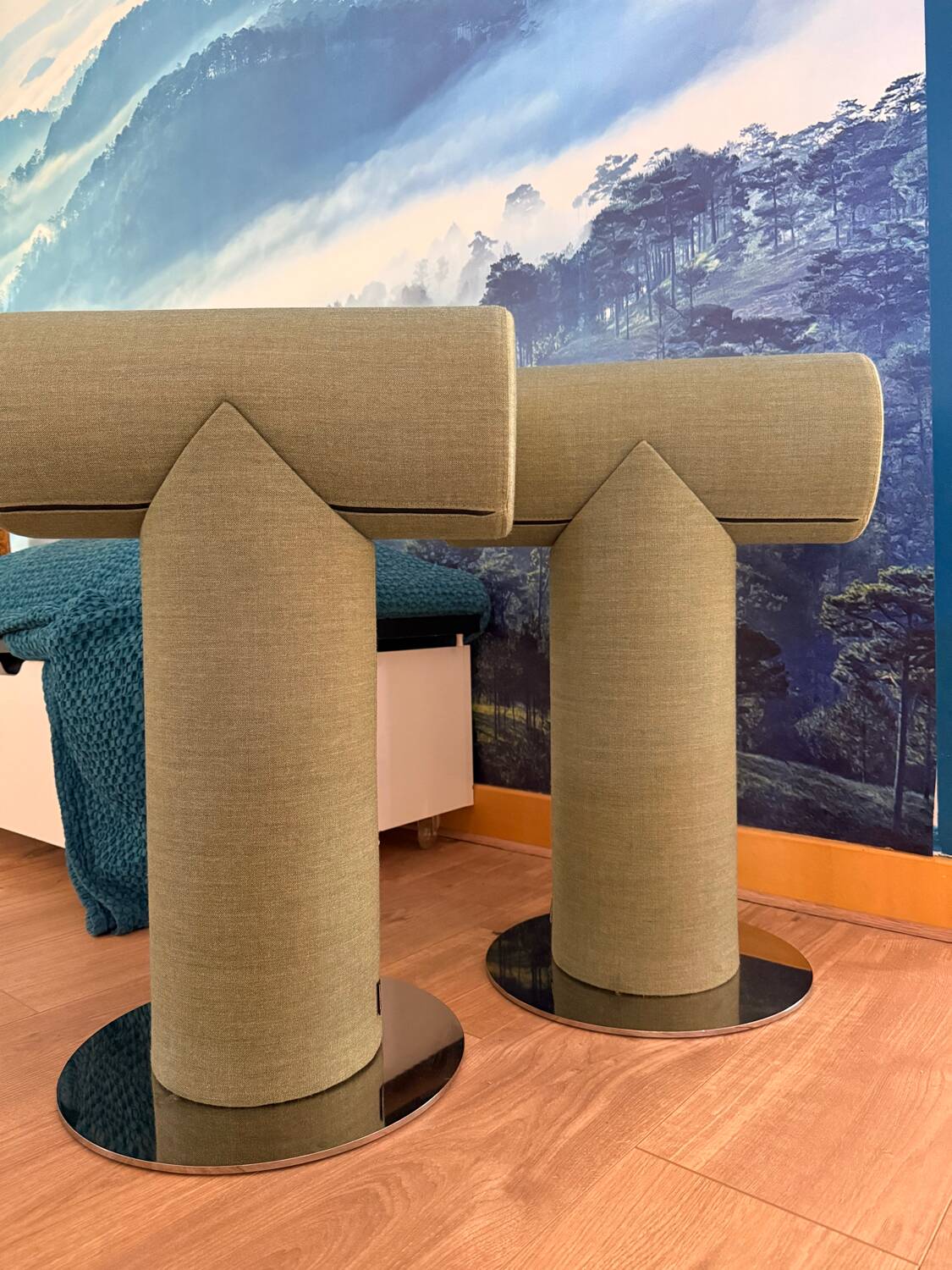 Pair of green Mister T Materia stools – like new