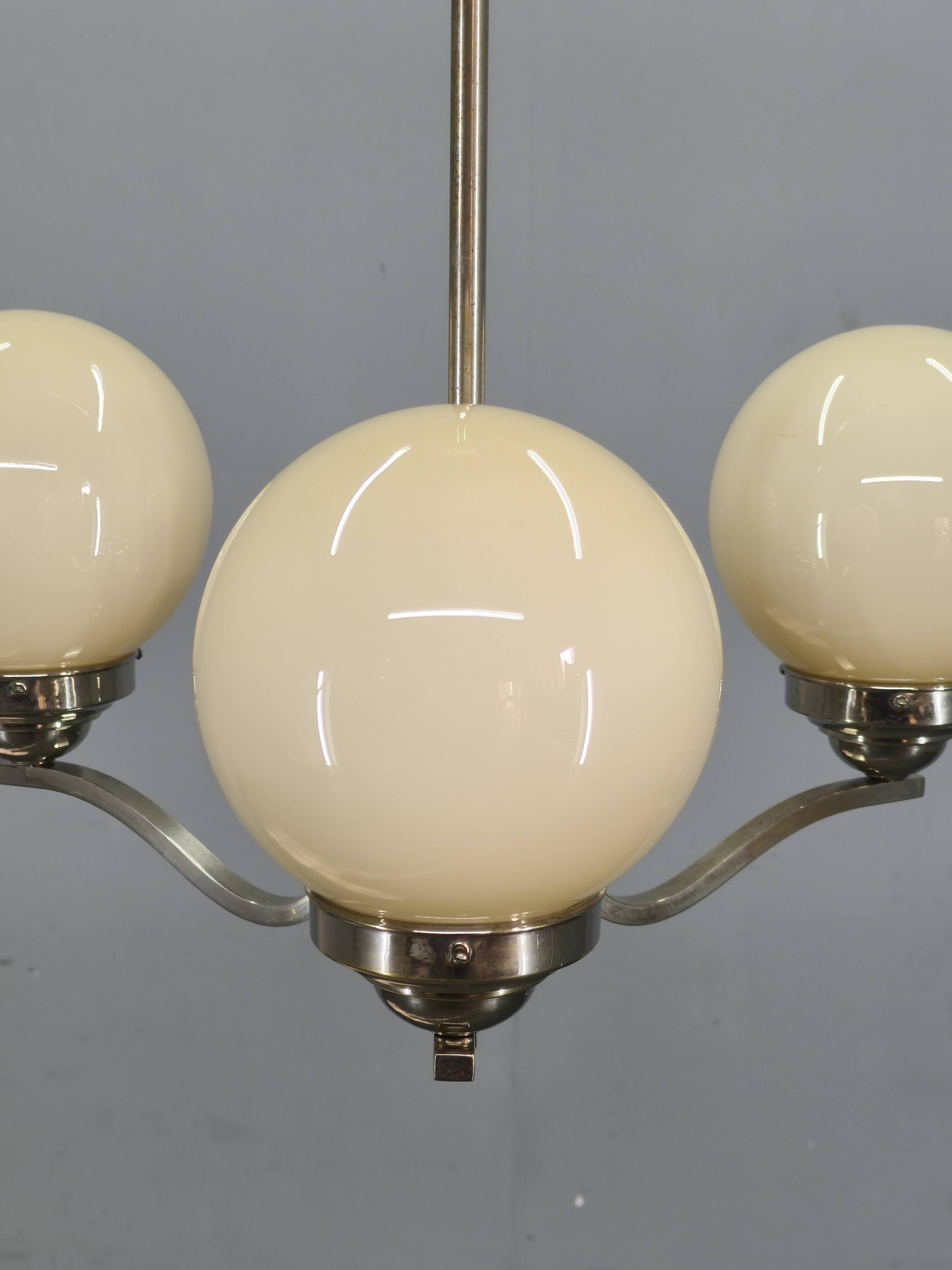 1930s Art Deco Nickel and Glass Chandelier, Czechoslovakia