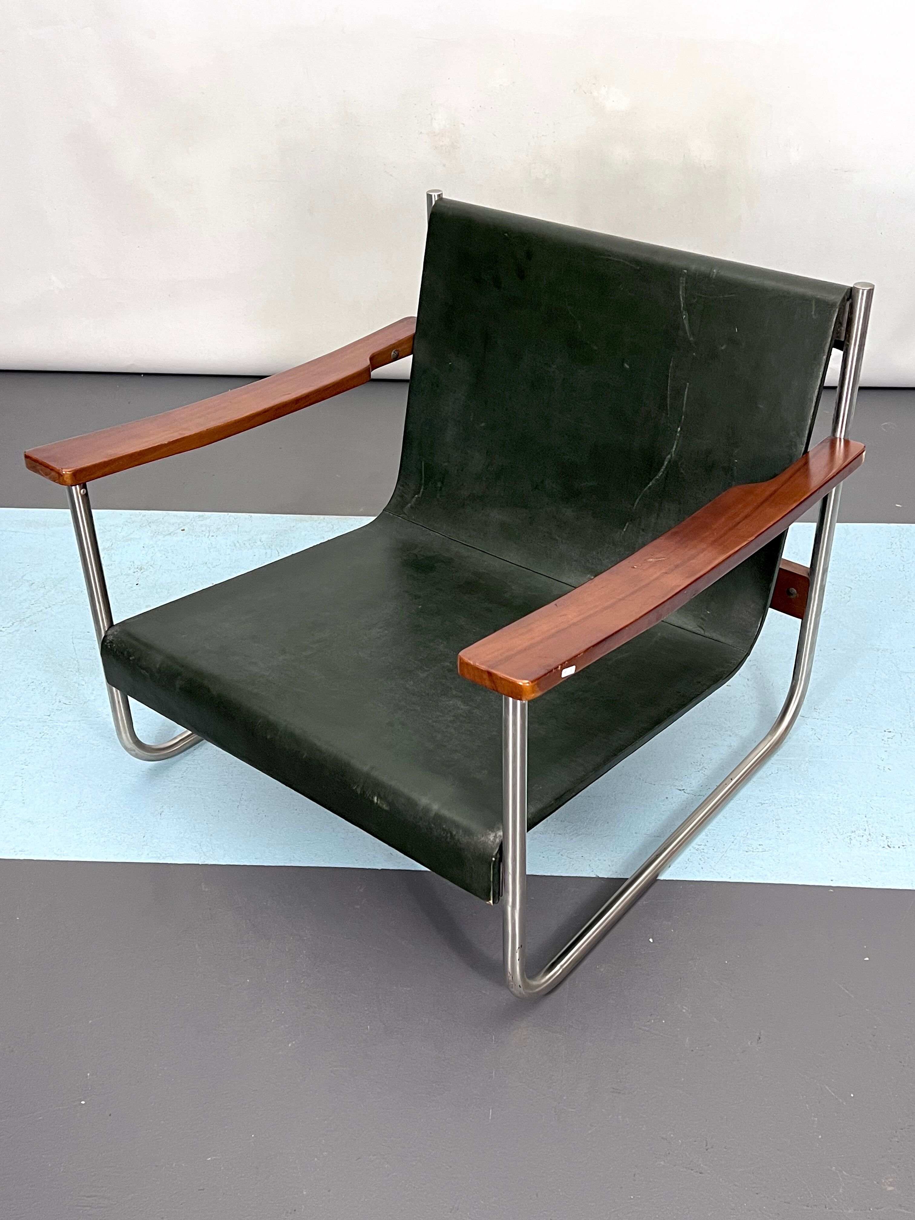 Fauteuil lounge vintage italien chrome et cuir des années 60