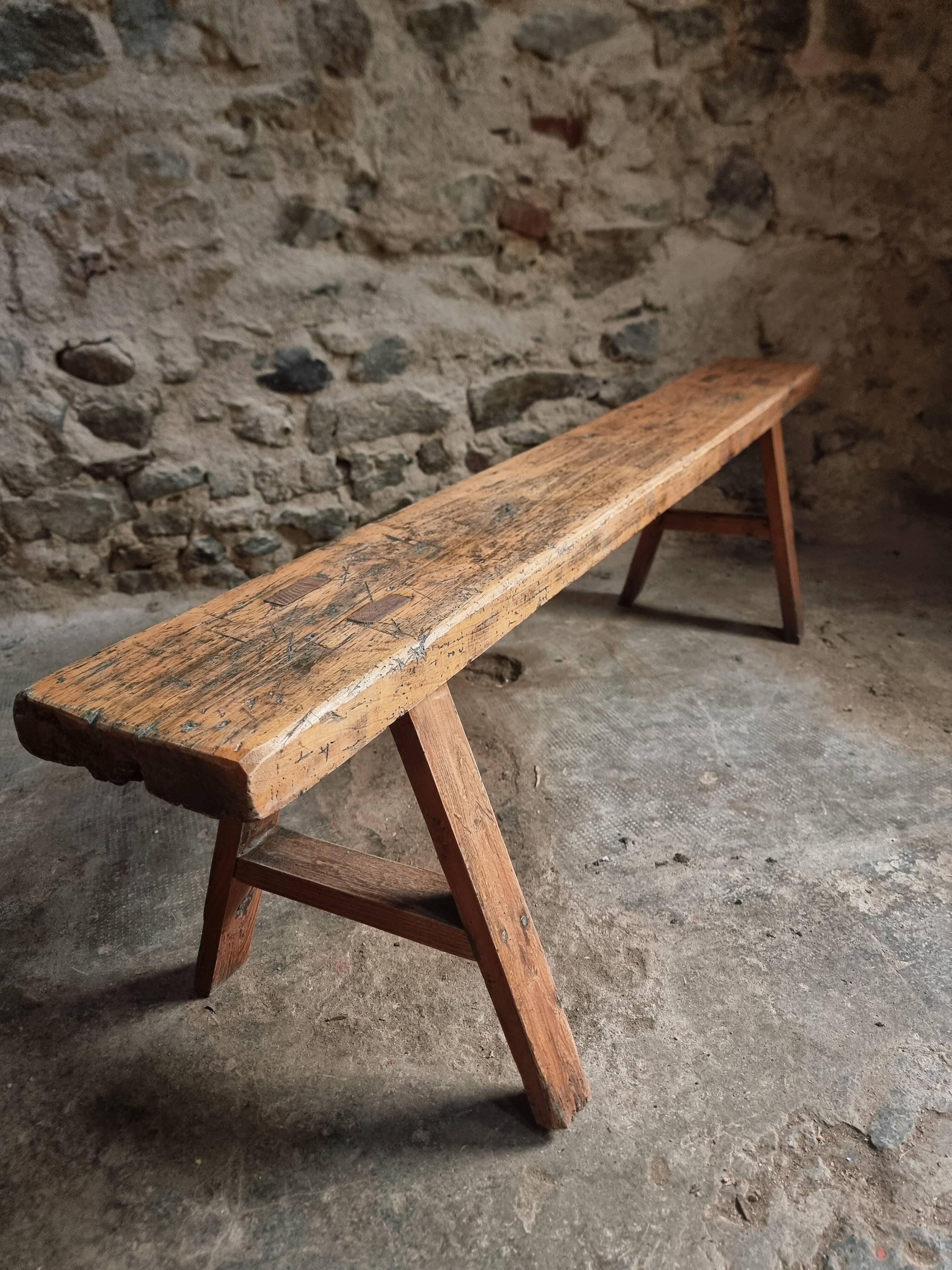 Rustic old wooden bench – early 20th century – seat in solid pine and base in chestnut.