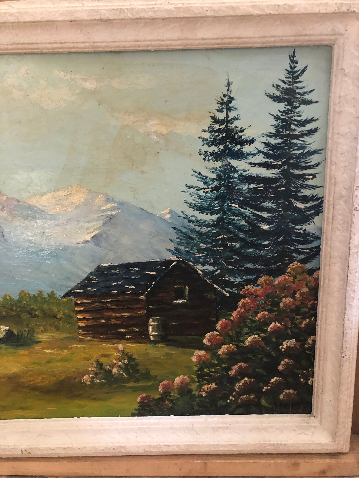 Old painting oil on panel p. FOY Mountain view + Frame Wood Vintage White