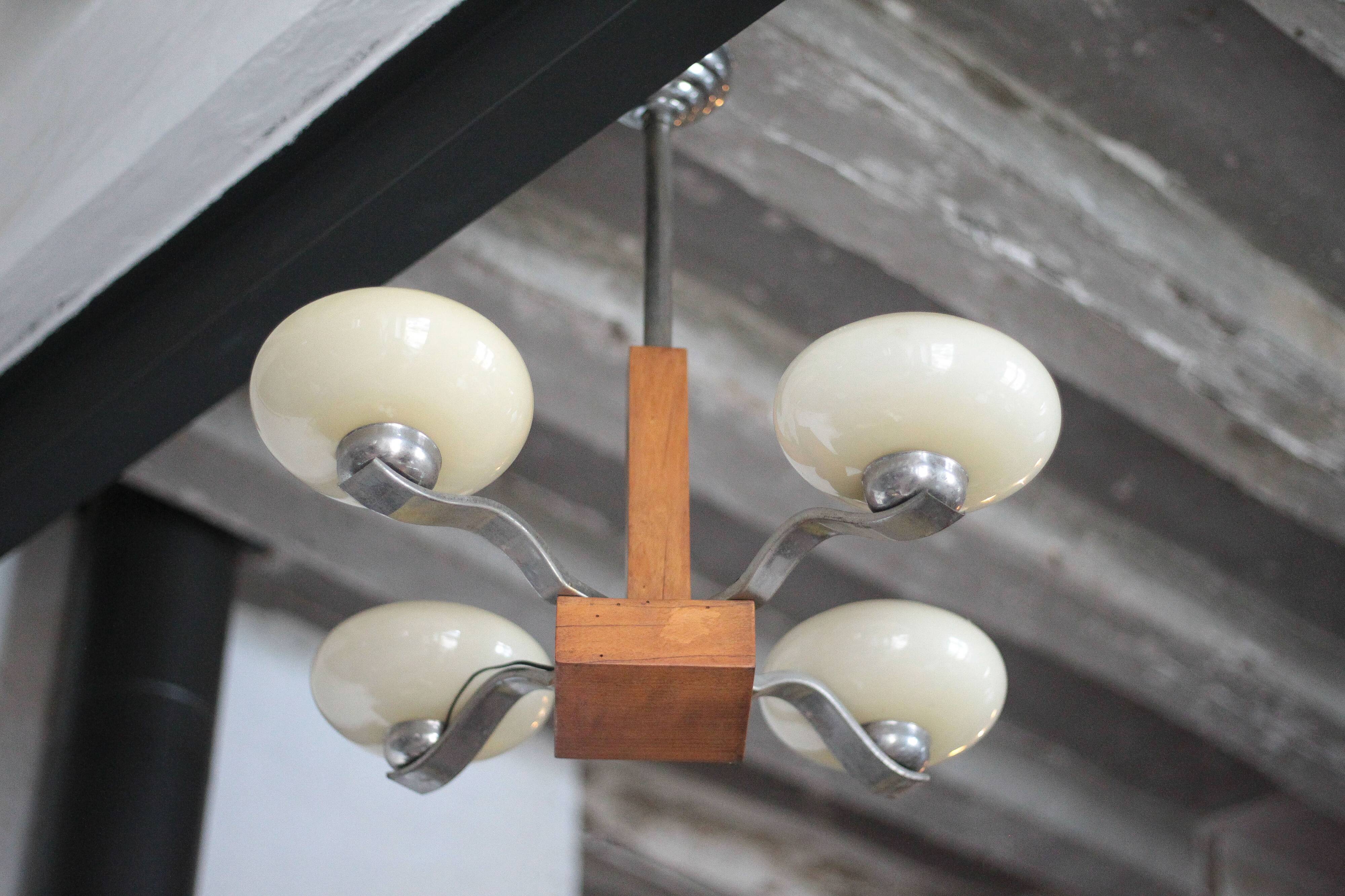 Art Deco suspension, 4-light chandelier with opaline globe, ceiling lamp.