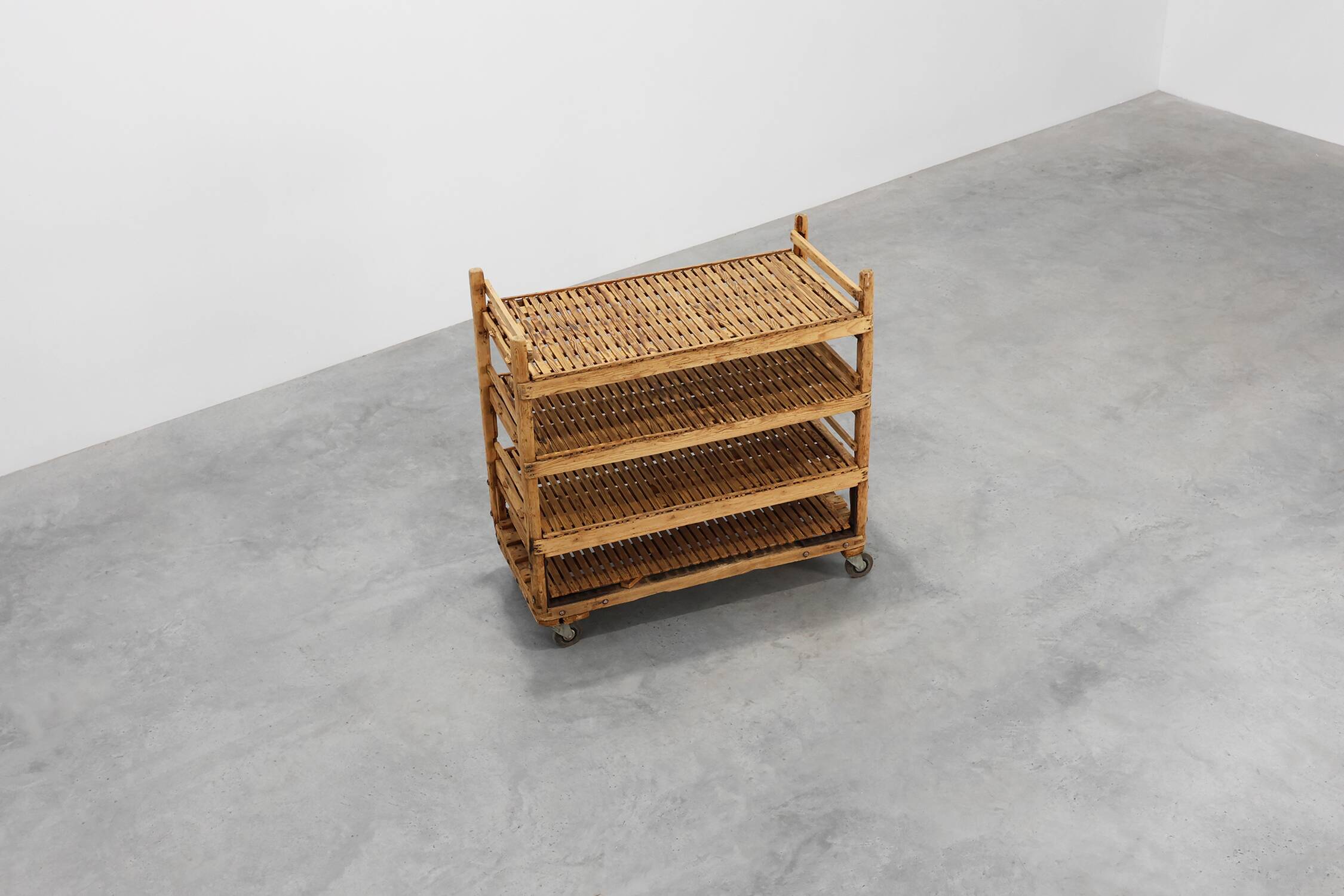 Large baker's cart/ rolling shelf in pine wood, France ca. 1900
