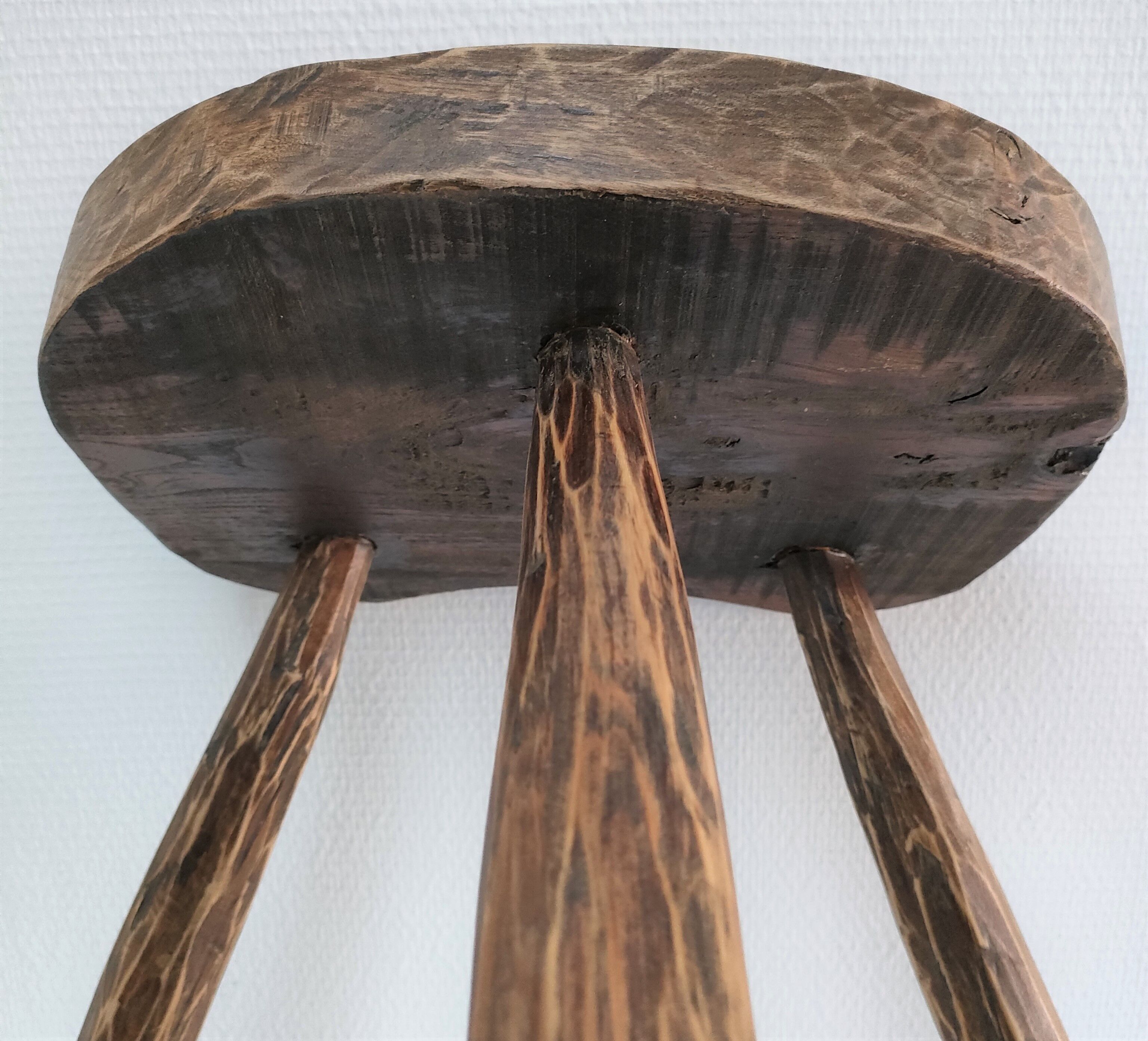 Tripod stool solid wood folk art 60s