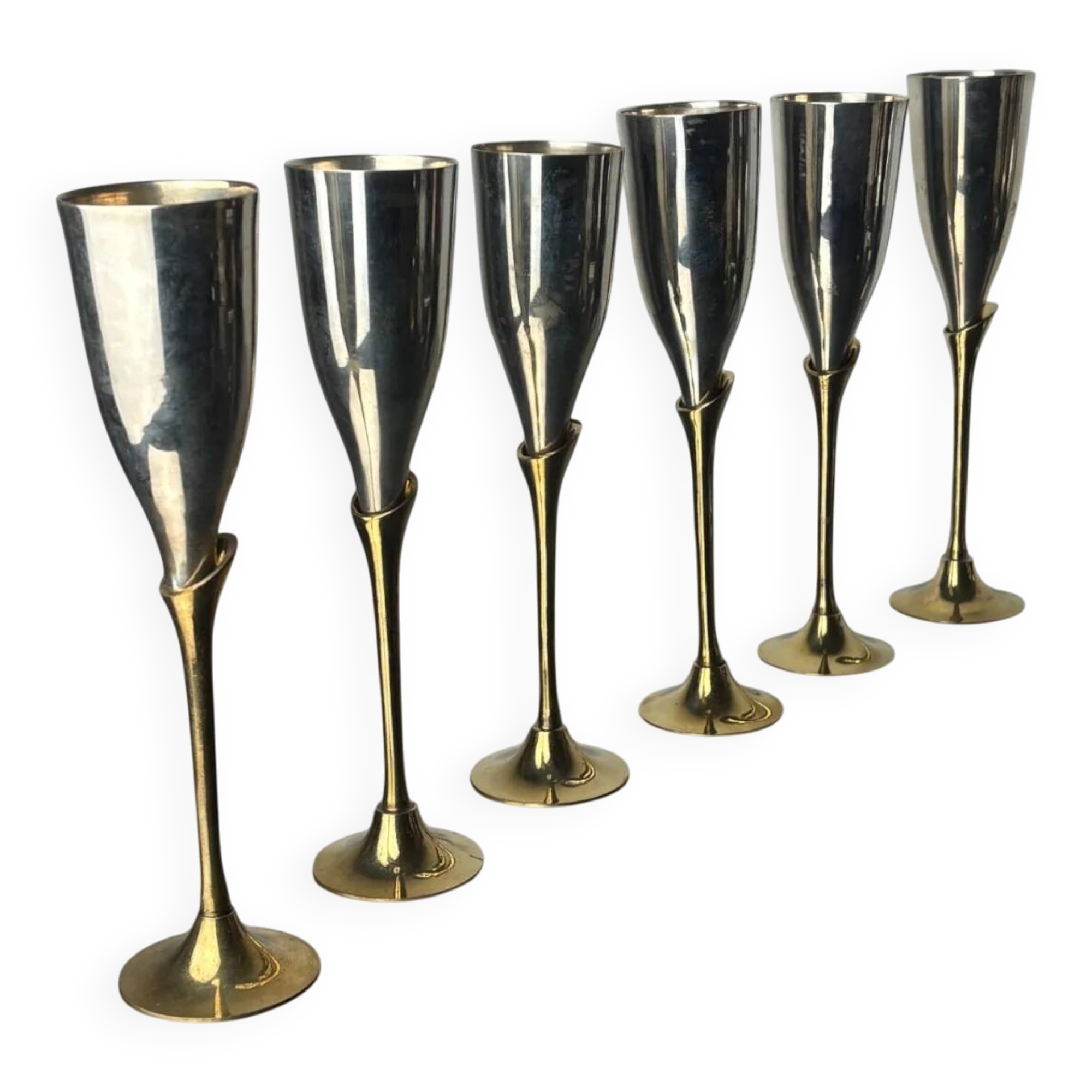 Brutalist silver plated glasses, set of 6, Spain, 1970s