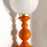 Vintage lamp in orange turned wood and opaline globe