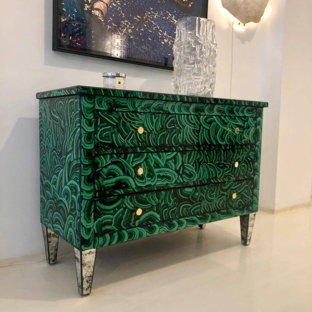 Mid-Century Modern Style Green-Malachite Colored Glass Italian Chest of Drawers
