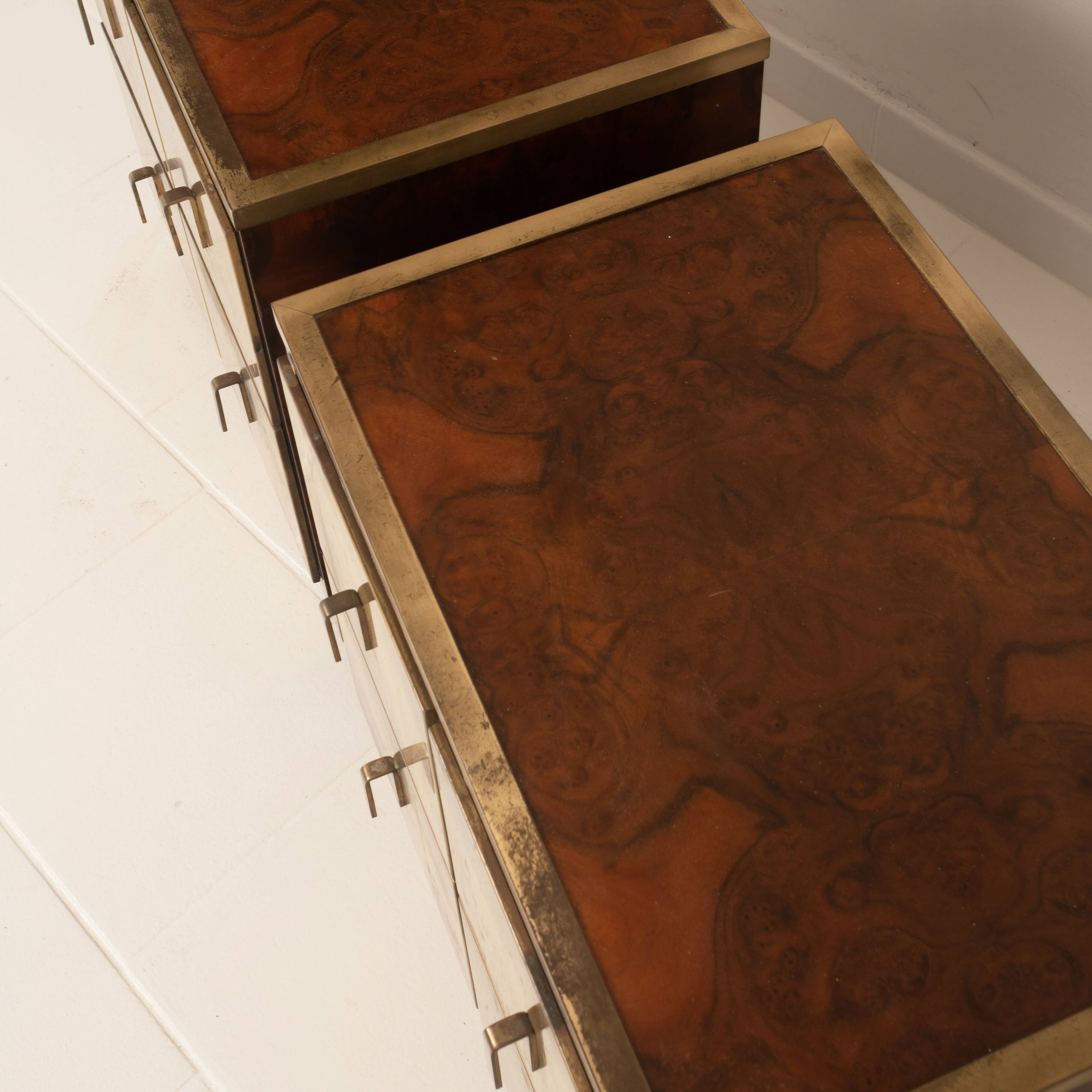 Aldo Frigerio Italian Walnut Burl and Gold-Laminated Brass Bagdad Nightstands