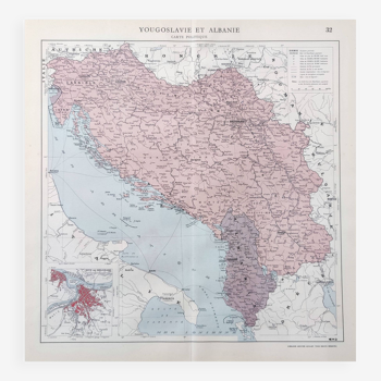 Old map of Yugoslavia and Albania 43x43cm from 1950