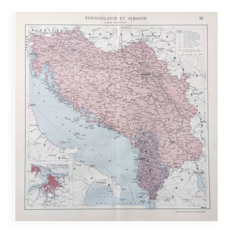 Carte ancienne Yougoslavie et Albanie 43x43cm de 1950