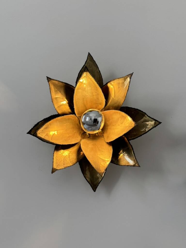 Pair of vintage patinated brass wall lights with floral motif, France, 1960.
