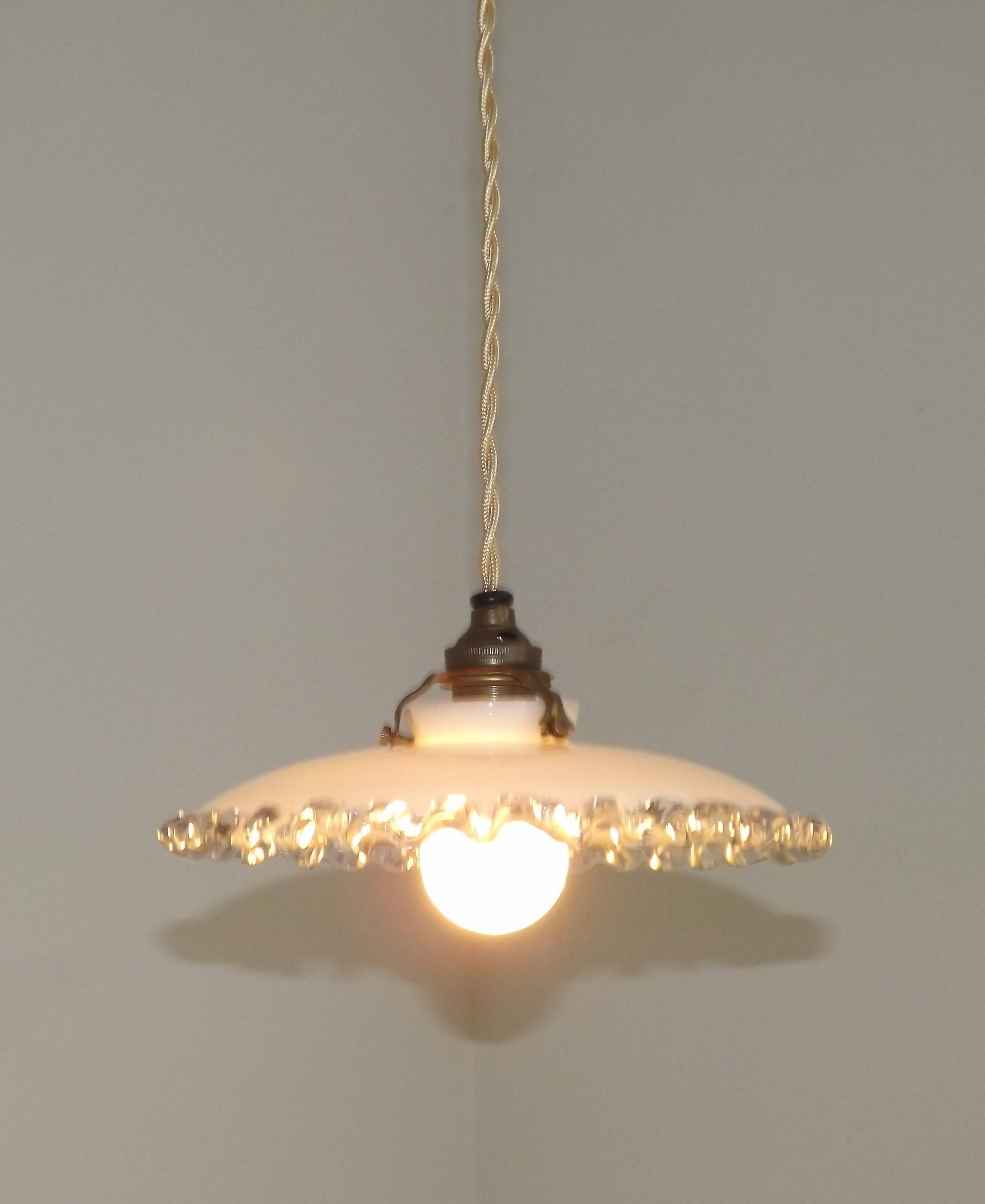 Vintage French Art Deco Opaline Glass Pendant Light Clear Frilled Edge