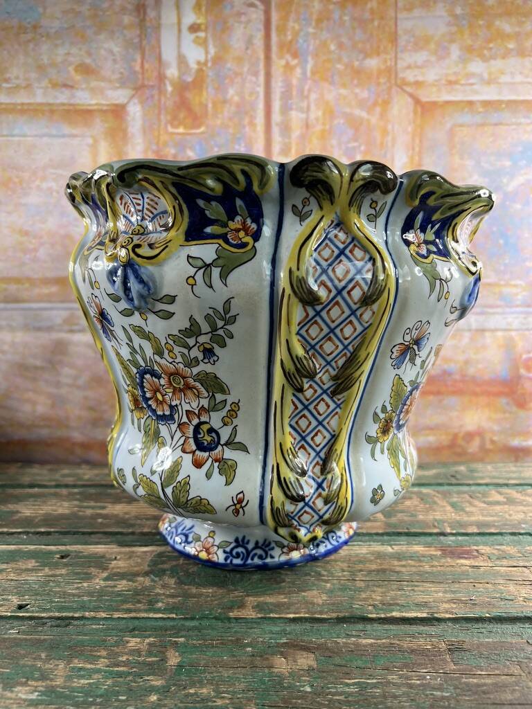 Polychrome French earthenware planter – Floral and butterfly decoration