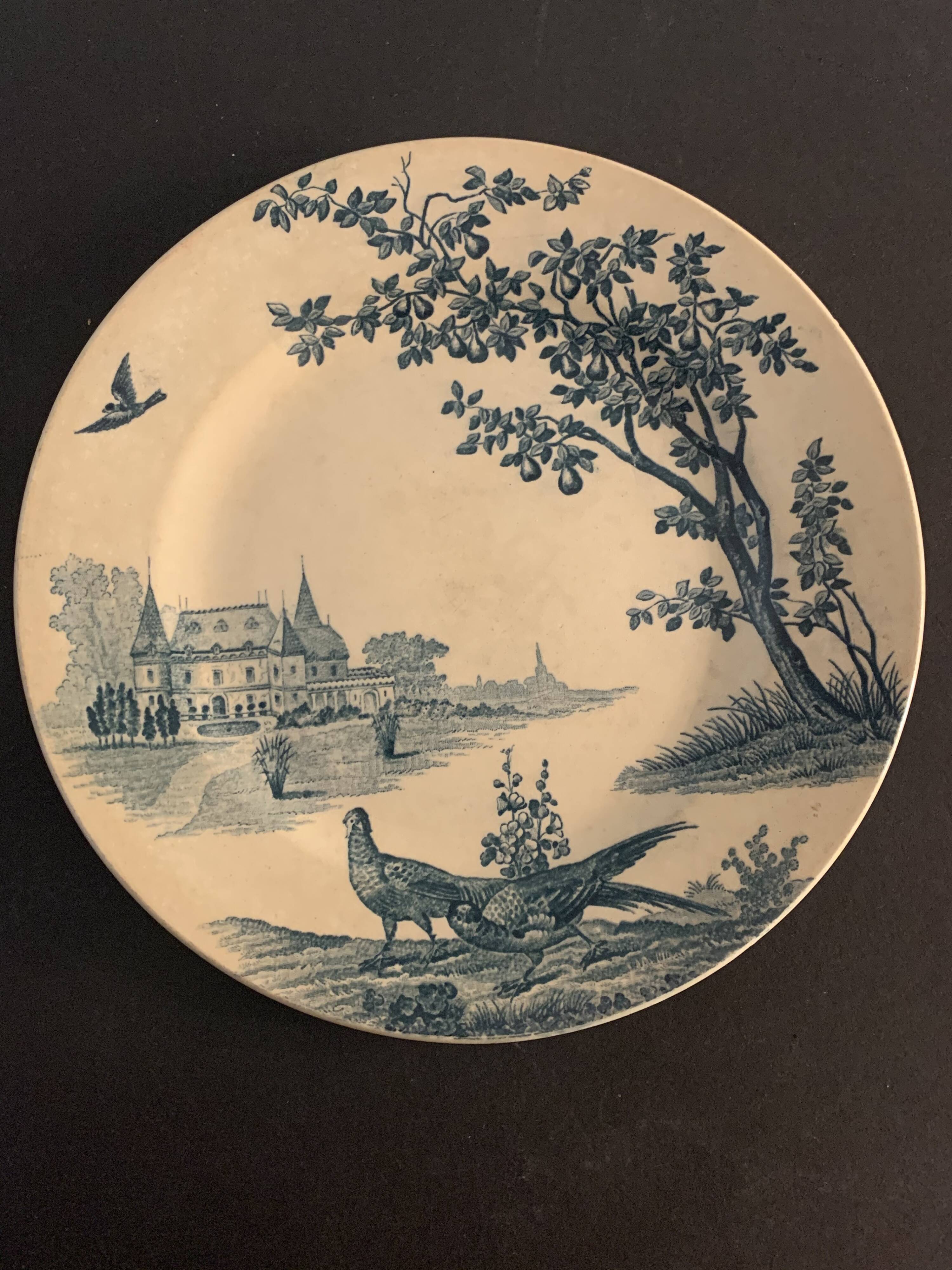 9 dessert plates old chickens, geese and pheasants blue field service Terre de Fer