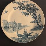 9 dessert plates old chickens, geese and pheasants blue field service Terre de Fer