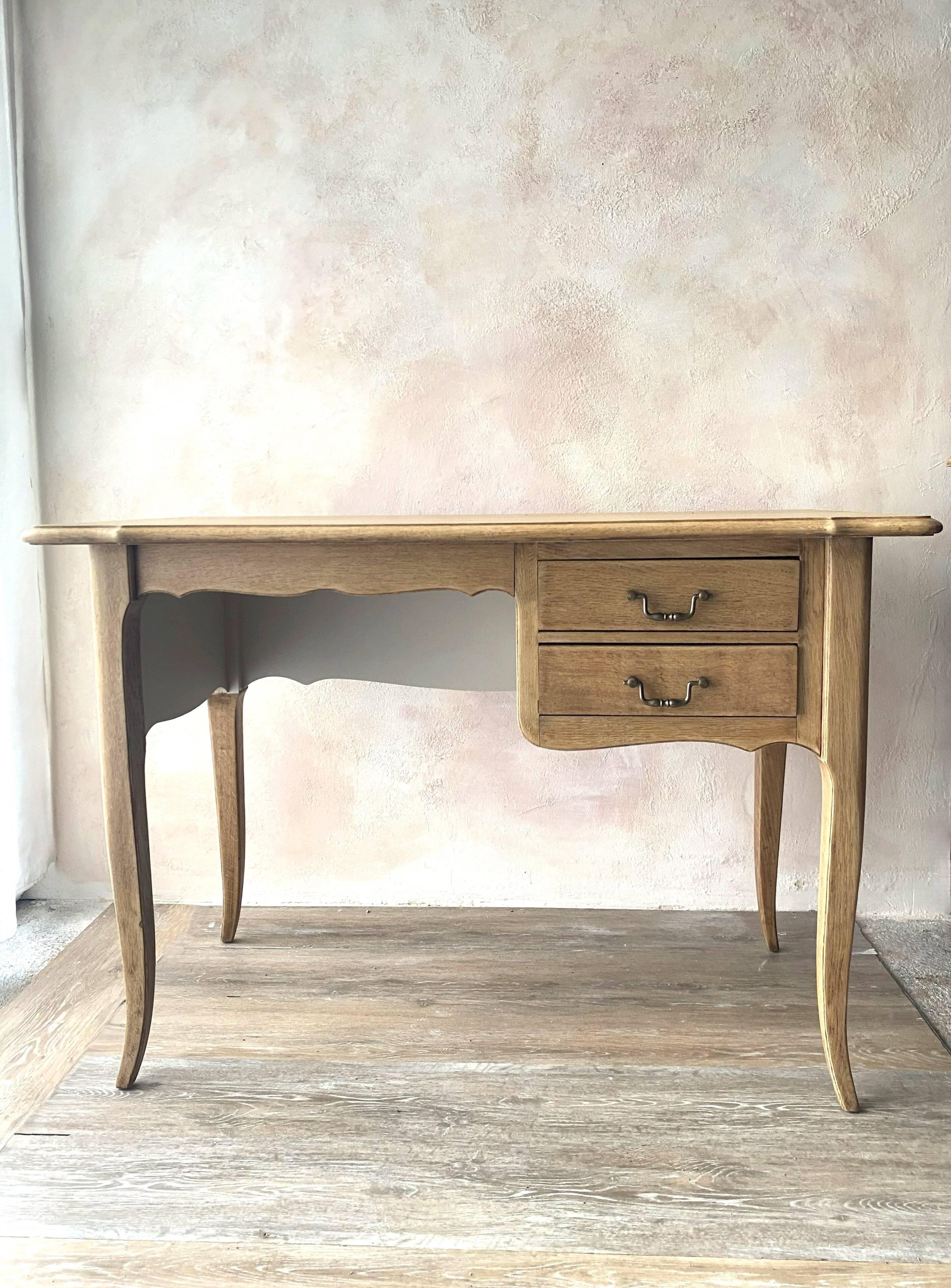 Antique 2-drawer desk in raw wood and beige, renovated.