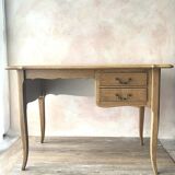 Antique 2-drawer desk in raw wood and beige, renovated.