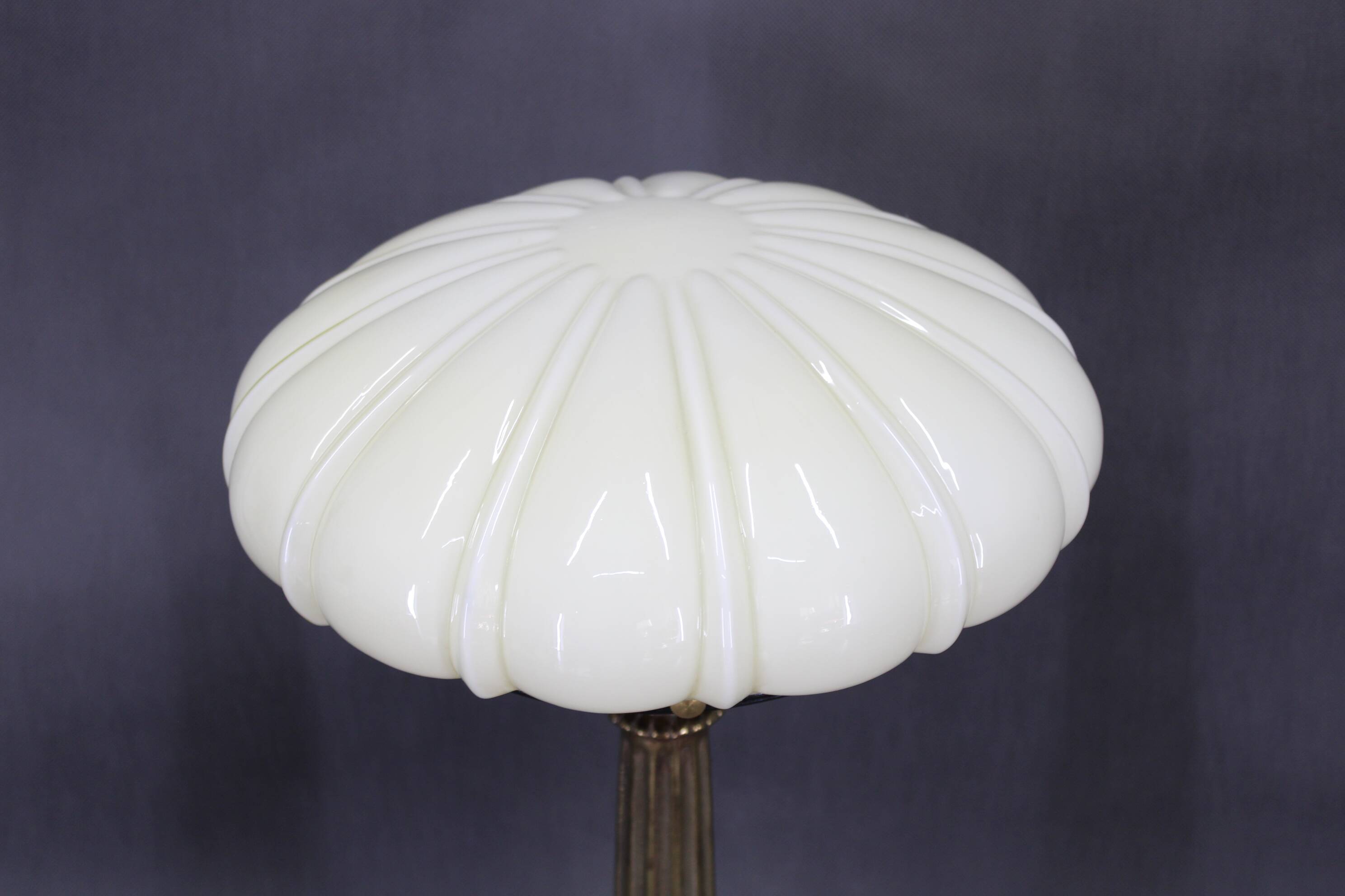 1940s Restored Brass Table Lamp with Wooden Base and Glass Shade