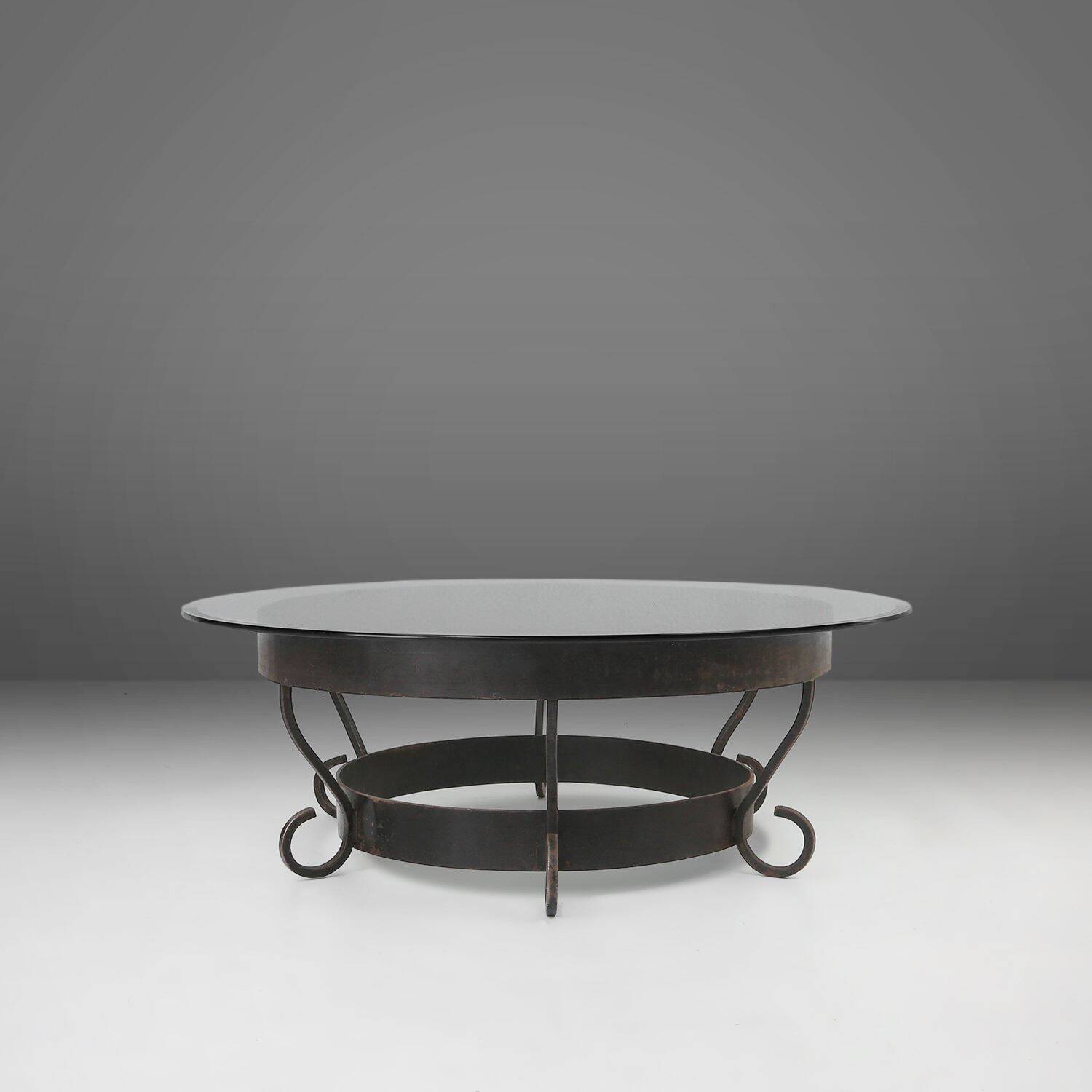 Round Coffee Table with Wrought Iron Base and Glass Top, France, 1930s
