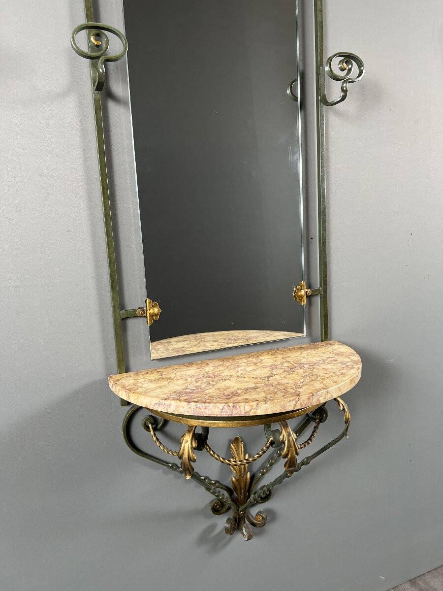 Wall console with mirror, wrought iron and marble, 20th century