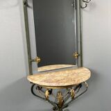 Wall console with mirror, wrought iron and marble, 20th century