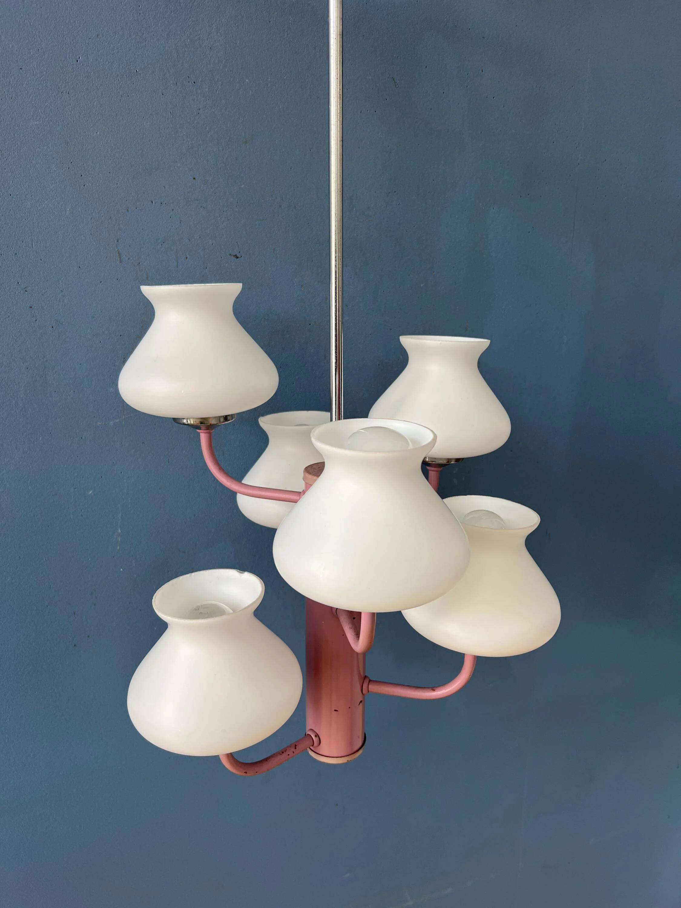 Mid-century opaline glass chandelier with a pink structure.