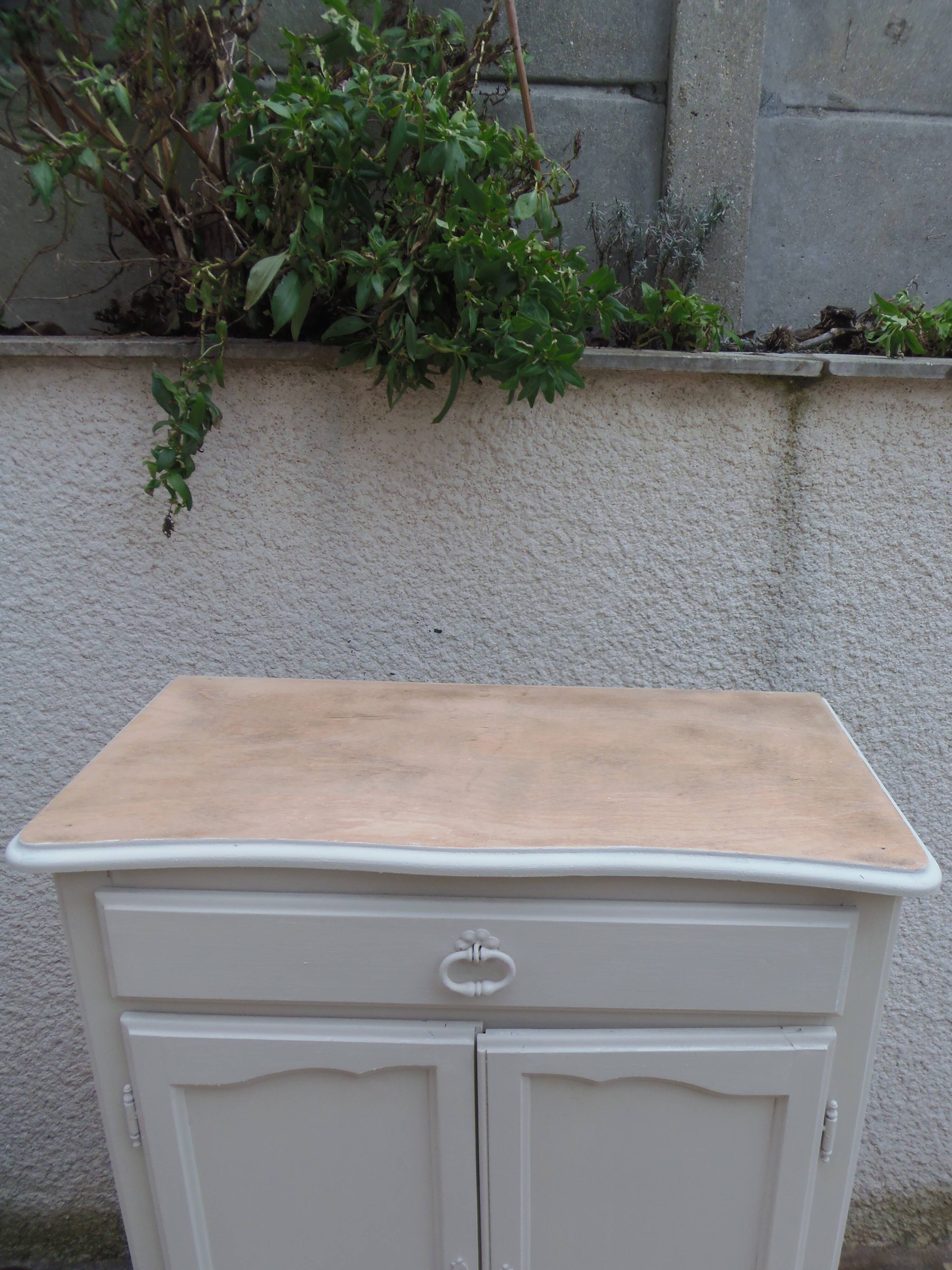Small vintage buffet reimagined in pearl grey, wooden top.