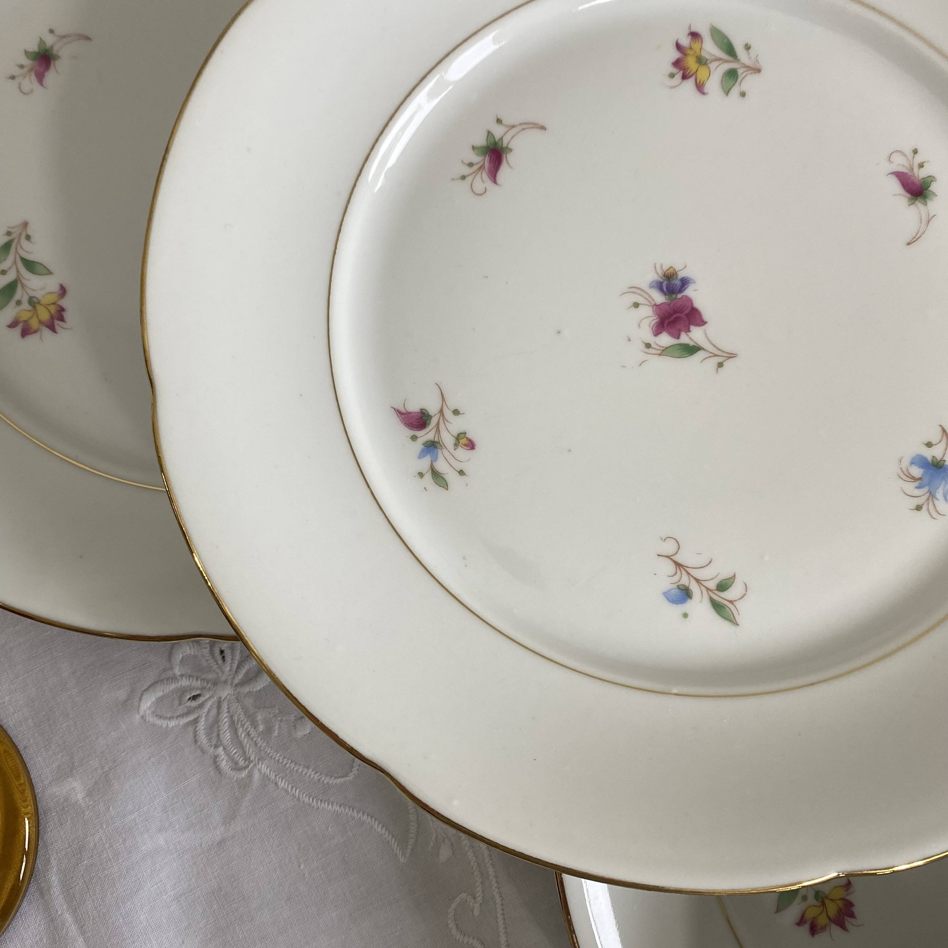6 flat plates, antique porcelain with flowers and gilding, P L Limoges.