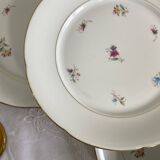 6 flat plates, antique porcelain with flowers and gilding, P L Limoges.
