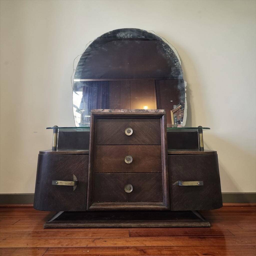 Vintage curved wooden sideboard / Art Deco wardrobe with mirror