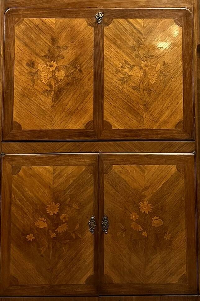 Marquetry drop-leaf secretary in Louis XV style circa 1900.