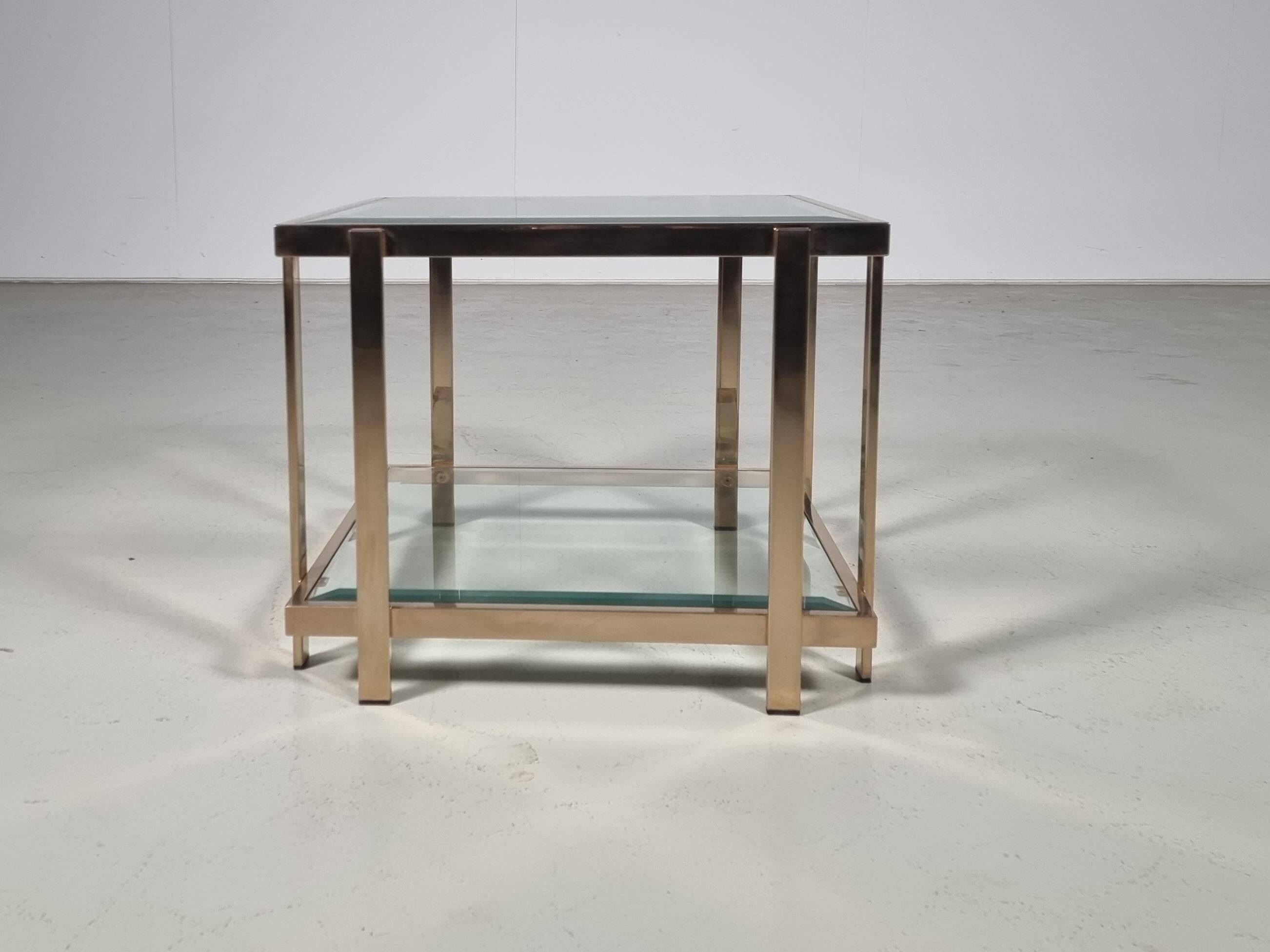 Square side table with two levels in modern Regency style, veneered in 23-carat gold by Belgo Chrom.