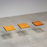 Set of three side tables in plexiglass and elm wood 1970 France