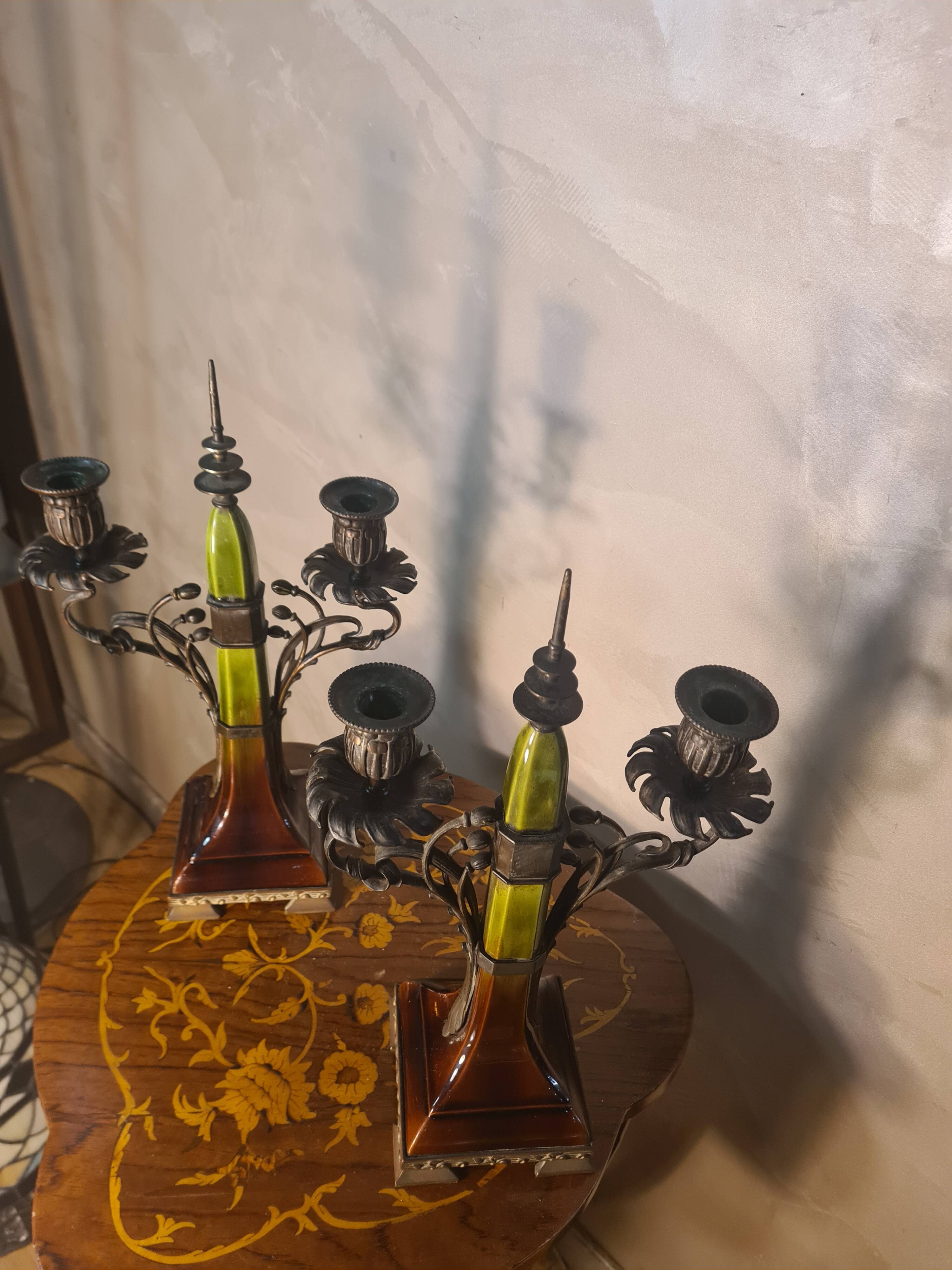 pair of antique Austrian bronze candlesticks, Art Nouveau style,