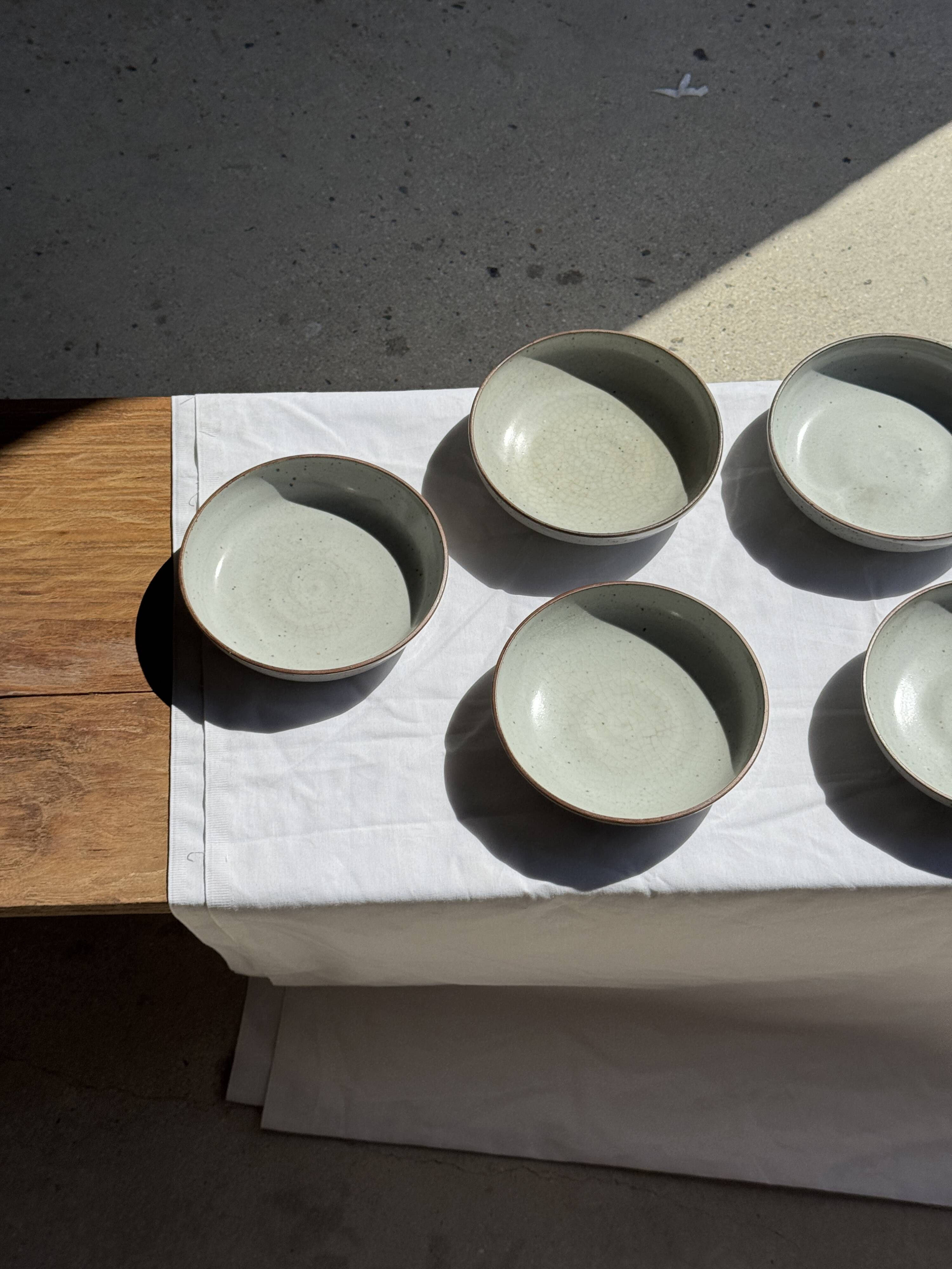 Set of 7 handmade grey glazed ceramic deep plates D18.5 H5.