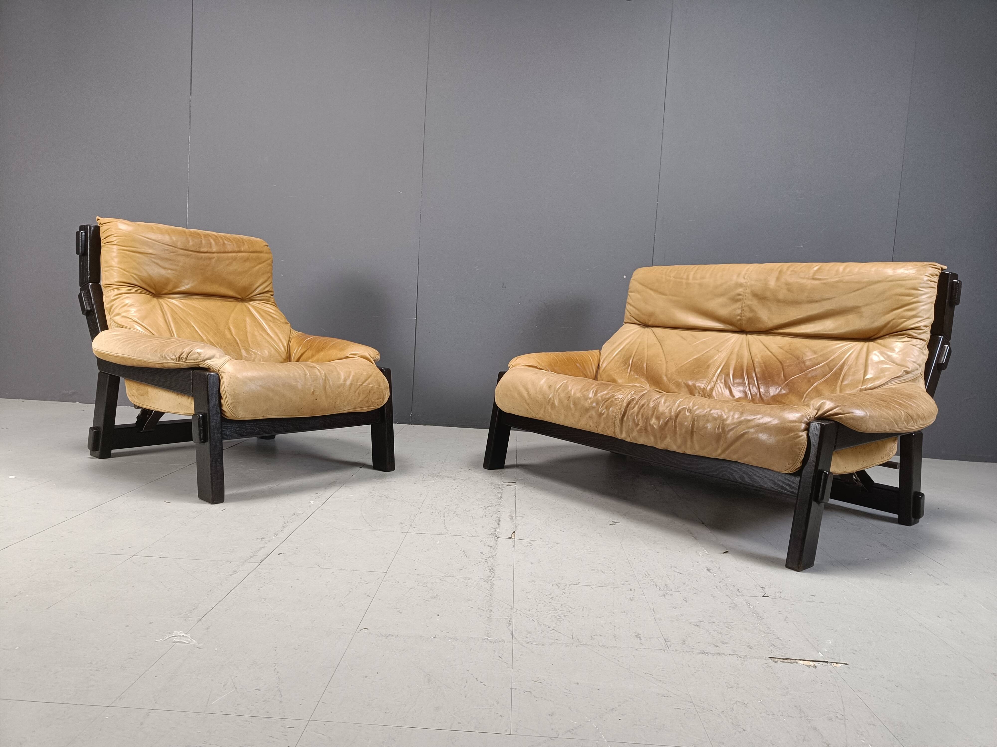 Vintage brown leather sofa set, 1960s