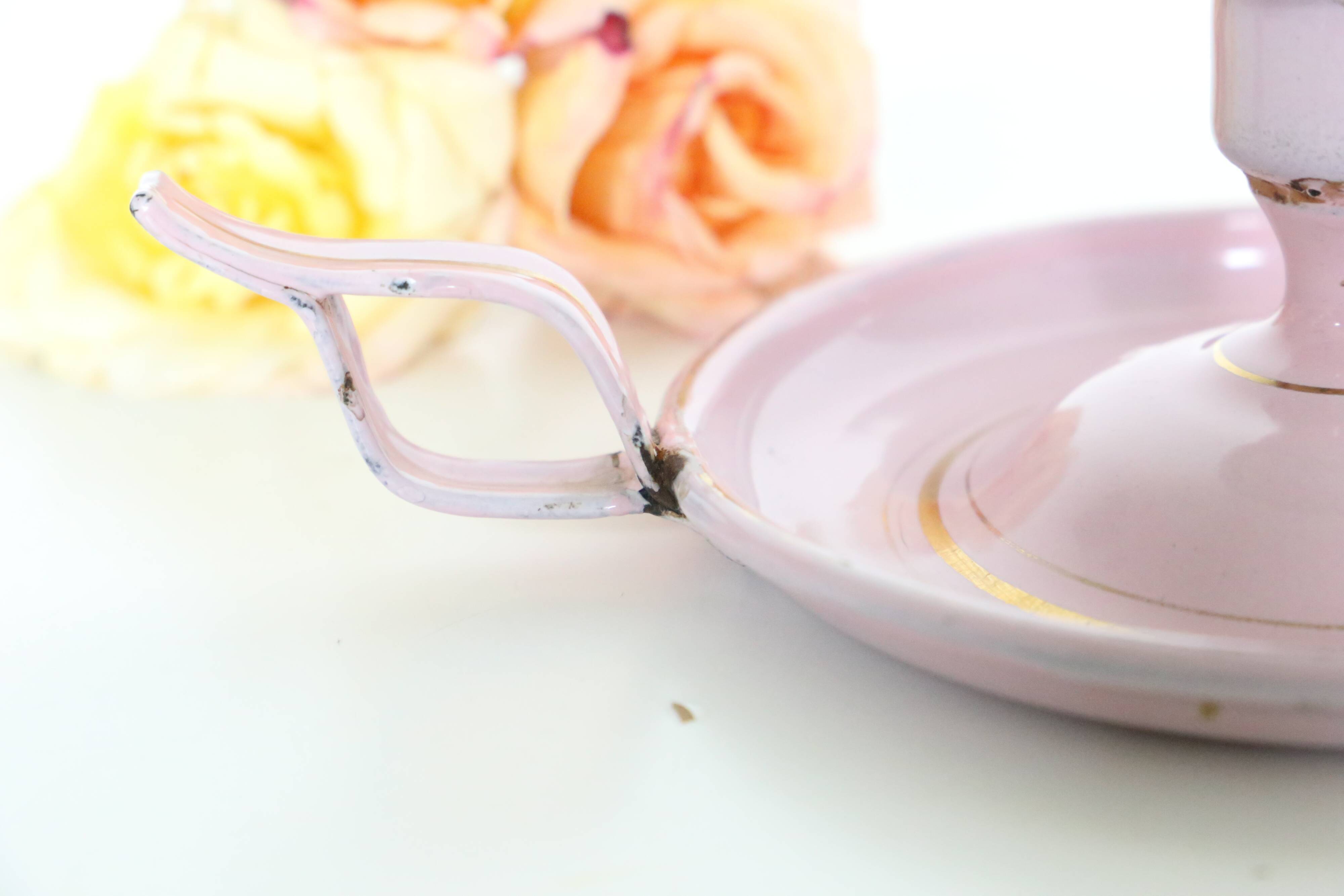 Pink cellar rat candleholder, enamelled metal, vintage