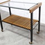 1960s serving cart, hi-fi cabinet on casters, teak, black metal, glass