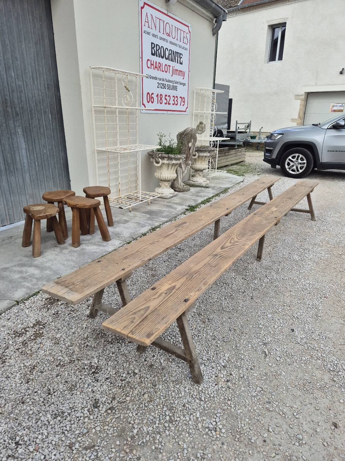 Pair of rustic oak and fir farmhouse benches 1900s - 3m85