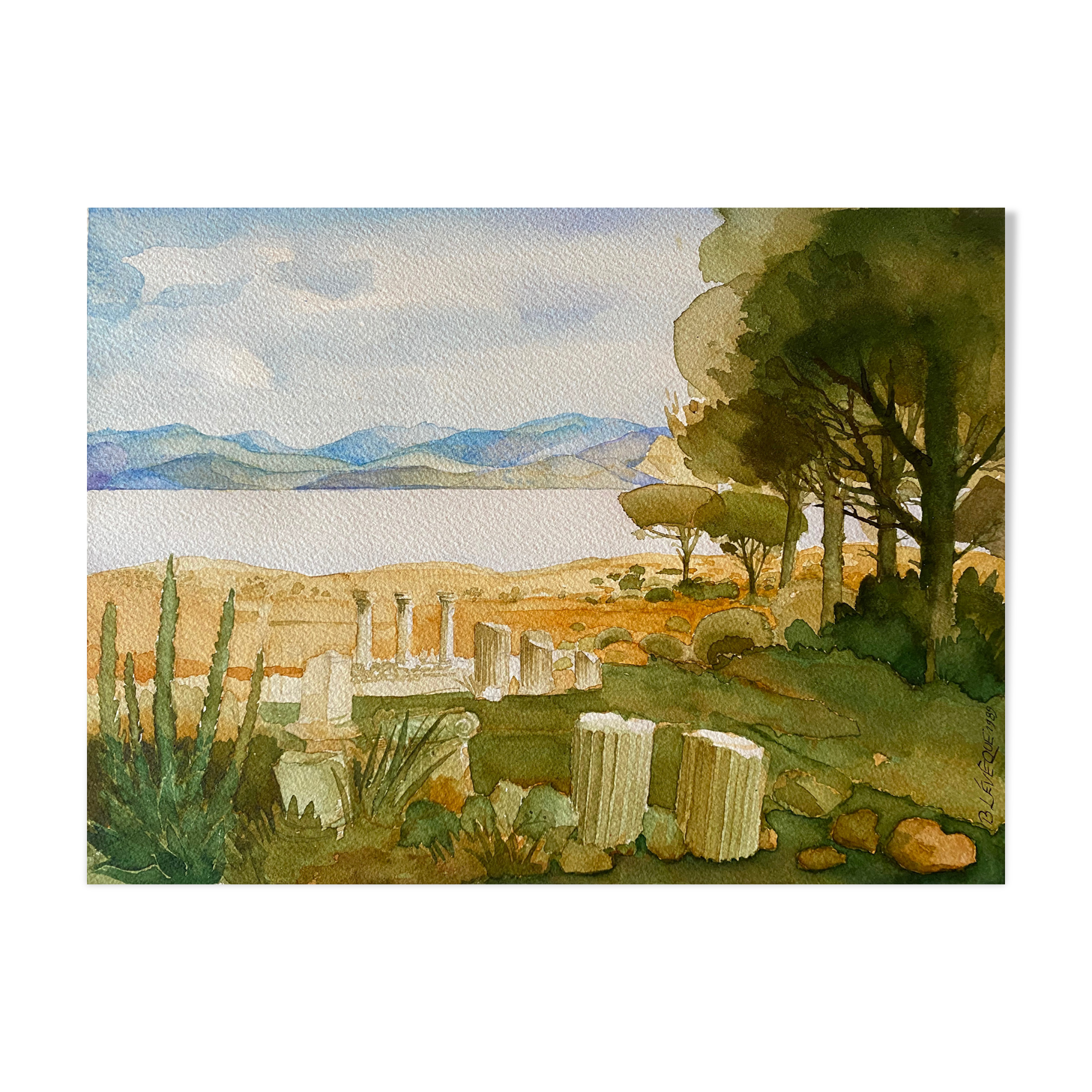 Watercolor painting "landscape of Greece" Ruin signed Leveque 1989