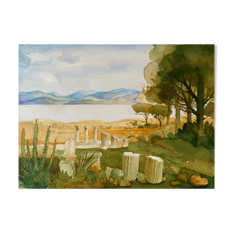 Tableau Aquarelle "paysage de Grèce" Ruine signée Leveque 1989